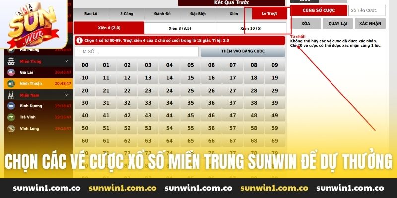 Chọn các vé cược Xổ số miền Trung Sunwin để dự thưởng